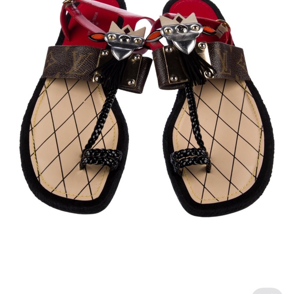 Louis Vuitton Authentic Black and Brown Sandals with Red Accents